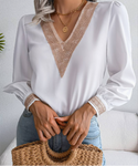 Long Sleeve White V-Neck Blouse