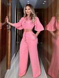 Wide-Leg Pink Pants Set w/ Tie-Up Top