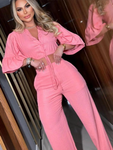 Wide-Leg Pink Pants Set w/ Tie-Up Top