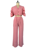 Wide-Leg Pink Pants Set w/ Tie-Up Top