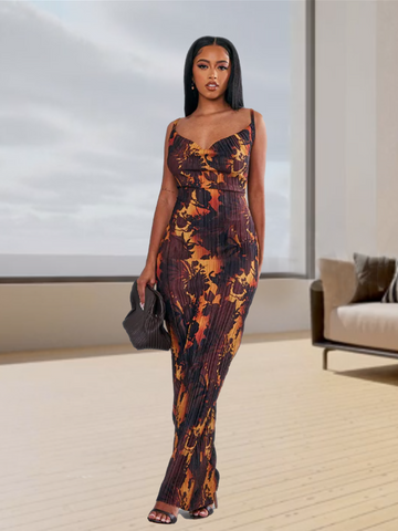 Brown Floral Ombre Plisse Dress